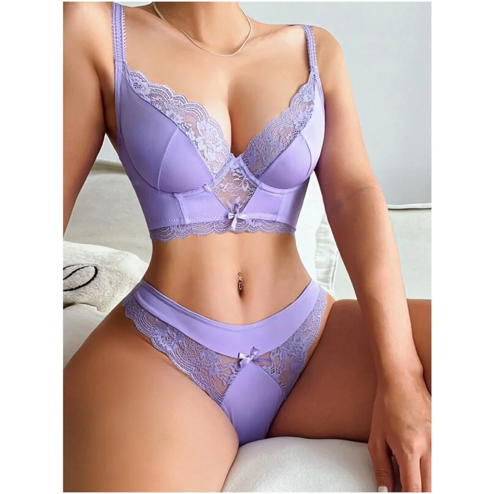 Burgundy Floral Lace Thong Lingerie Set Sexy Pajamas - Picture 7 of 11